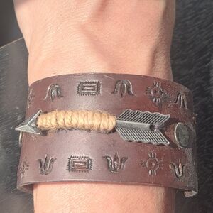 Hand Crafted Brown Leather Bracelet with Silver Arrow